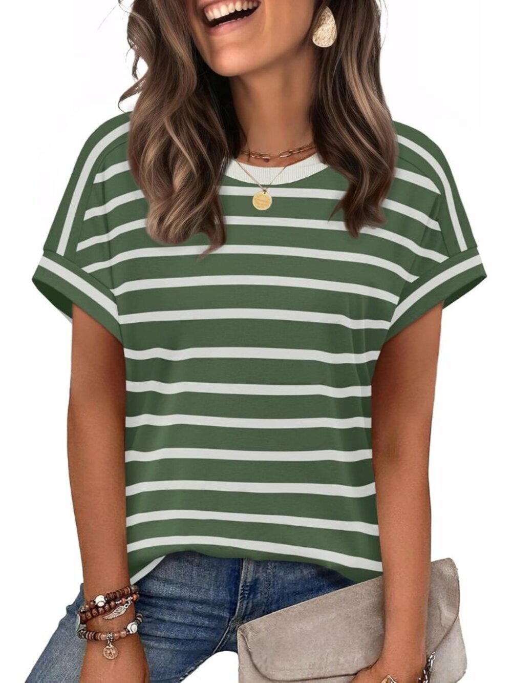 Women's Green Striped Crew-neck Short Sleeve Classic Loose Fit Summer Shirt